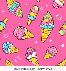 Vector illustration of bright pattern of yellow, blue and green ice creams on pink background with stars. Hand drawn line art design for web, site, advertising, banner, poster, board and print.  