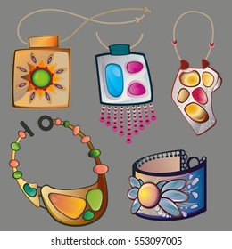 Vector illustration of bright pendants and bracelet with gemstones. Hand drawn jewelry accessories set. Necklace, bracelet, pendant vector elements. For scrapbook, fashion design, web design.