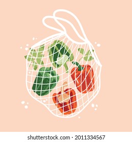 Vector illustration of bright peppers in reusable grocery shopping bag