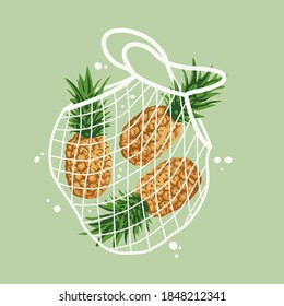 Vector illustration of bright pineapples in reusable grocery shopping bag