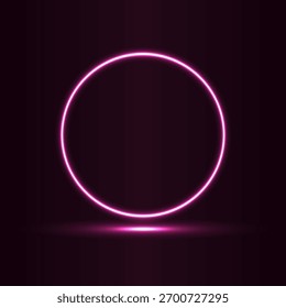 Ilustración vectorial de un marco circular brillante de neón rosa brillante sobre un fondo oscuro, creando un fondo estético futurista o retro con un reflejo sutil.