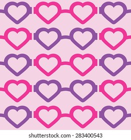 A vector illustration of bright pink and purple heart-shaped glasses on a light pink background creates a bold seamless pattern.