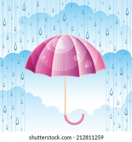 Vector illustration of bright pink umbrella under the raindrops on blue clouds background