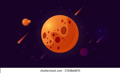 Vector illustration bright planet in space with meteorite craters. Neon lights, comets, stars in cosmic universe. Orange red violet bright spheres.