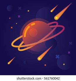 vector illustration of bright planet in space around the comet and stars.