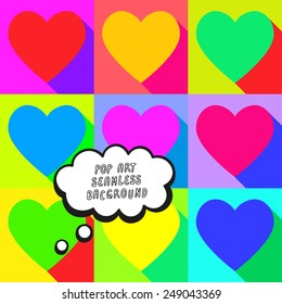 Vector illustration: bright pop art background with flat varicolored hearts and speech bubble