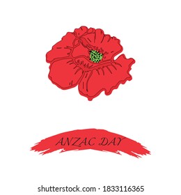 Vector illustration of a bright poppy flower. Remembrance day symbol. Lest we forget lettering.