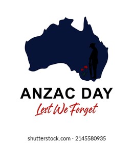 Vector illustration of a bright poppy flower with soldier. Remembrance day symbol. Lest we forget. Anzac day background with australian map.