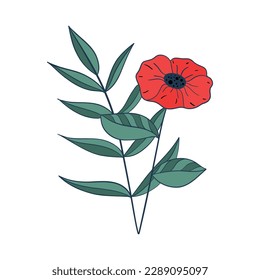 Vector illustration of a bright poppy flower. Remembrance day symbol. Lest we forget lettering.