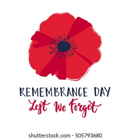 Vector illustration of a bright poppy flower. Remembrance day symbol. Remembrance day lettering. Lest we forget text.