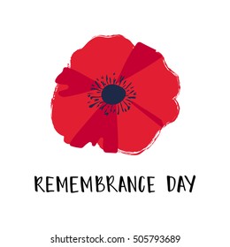 Vector illustration of a bright poppy flower. Remembrance day symbol. Remembrance day lettering. Remembrance poppy icon.