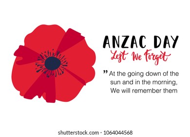 Vector illustration of a bright poppy flowers. Remembrance day symbol. Lest we forget lettering. Anzac day banner design with space for text.