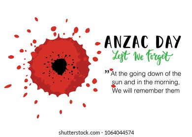 Vector illustration of a bright poppy flowers. Remembrance day symbol. Lest we forget lettering. Anzac day banner design with space for text.