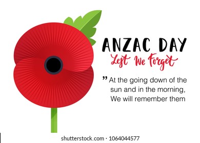 Vector illustration of a bright poppy flowers. Remembrance day symbol. Lest we forget lettering. Anzac day banner design with space for text.