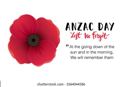 Vector illustration of a bright poppy flowers. Remembrance day symbol. Lest we forget lettering. Anzac day banner design with space for text.