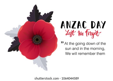 Vector illustration of a bright poppy flowers. Remembrance day symbol. Lest we forget lettering. Anzac day banner design with space for text.