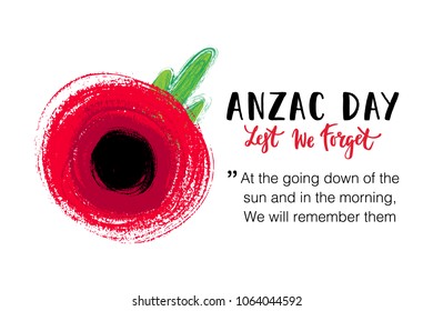 Vector illustration of a bright poppy flowers. Remembrance day symbol. Lest we forget lettering. Anzac day banner design with space for text.