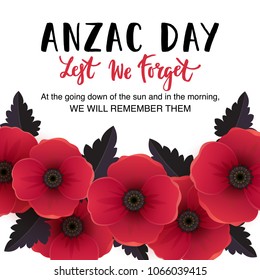 Vector illustration of a bright poppy flowers. Remembrance day symbol. Lest we forget lettering. Anzac day banner design with space for text.