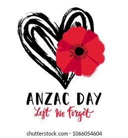 Vector illustration of a bright poppy flowers. Remembrance day symbol. Lest we forget lettering. Anzac day banner design with space for text.