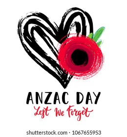Vector illustration of a bright poppy flowers and hand drawn heart. Remembrance day symbol. Lest we forget lettering. Anzac day banner design with space for text.