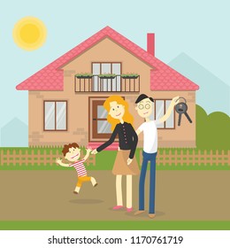 Vector illustration, bright postcard. young family buys a house