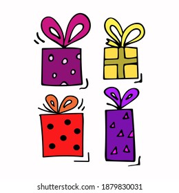 Vector illustration with bright presents for sticker, print, poster, card design. Doodle design.