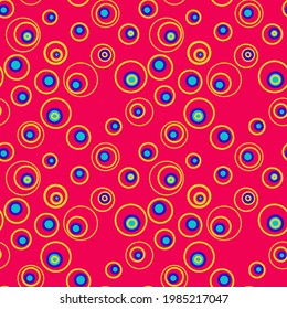 Vector illustration of bright psychedelic seamless pattern with multicolored circles of various shapes