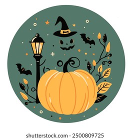 Vector illustration with a bright pumpkin. Halloween card design with symbols, flowers, patterns, leaves. Autumn card.	
