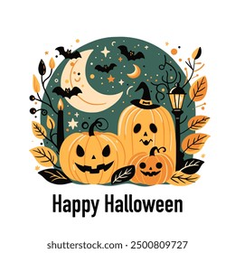 Vector illustration with a bright pumpkin. Halloween card design with symbols, flowers, patterns, leaves. Autumn card.	
