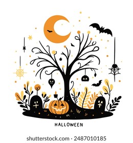 Vector illustration with a bright pumpkin, scary tree, bats. Halloween card design with symbols, flowers, patterns, leaves. Autumn card.