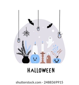 Vector illustration with a bright pumpkin, scary tree, bats. Halloween card design with symbols, flowers, patterns, leaves. Autumn card.