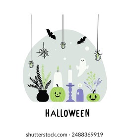 Vektorillustration mit einem leuchtenden Kürbis, Gruselbaum, Fledermäuse. Halloween-Kartendesign mit Symbolen, Blumen, Mustern, Blättern. Herbstkarte.