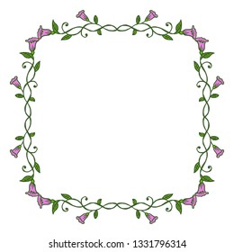 Vector illustration bright purple flower frame with green leafy floral frames hand drawn