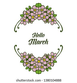 Vector illustration bright purple flower frame with lettering hello march hand drawn