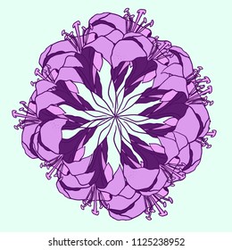 Vector illustration of bright purple lily flowers circle on the light green background.