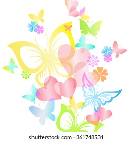 Vector illustration of bright  rainbow  butterflies and hearts.