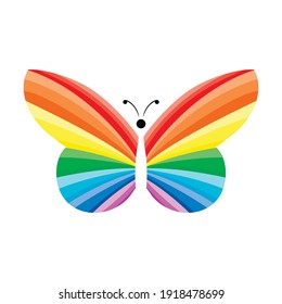 Vector illustration with bright rainbow butterfly. Colored wings on a white background. Design element for salon, yoga, spa.