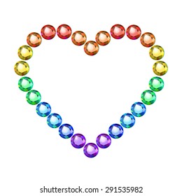 Vector illustration: bright rainbow crystals inlay in form of heard isolated on white background