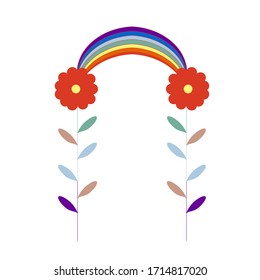 Imagen vectorial del arcoiris brillante en estilo étnico con flores. Decorativo elemento de diseño colorido para póster, banner, tarjetas, cartón, arte mural, pegatinas, textil, estampado. Copiar espacio 