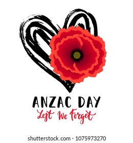 Vector illustration of a bright realistic poppy flower. Remembrance day symbol. Lest we forget lettering. Anzac day lettering.