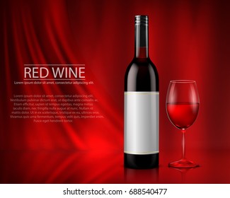 Vector illustration, bright realistic poster with glass wine bottles and glass with white or red wine. Template, moc up, layout for advertising, design, branding