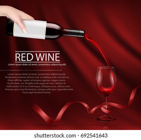 Vector illustration, bright realistic poster with a hand holding a glass wine bottle and pouring red wine into a glass. Template, moc up, layout for advertising, design, branding