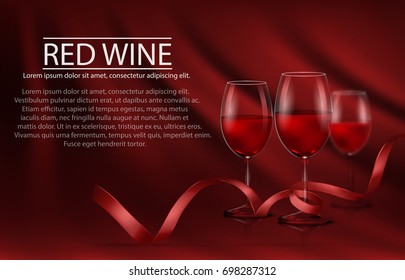Vector illustration, bright realistic poster with a row of glasses full of red wine and red ribbon. Template, moc up, layout for advertising, design, branding