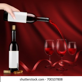 Vector illustration, bright realistic poster with a hand holding a glass wine bottle and pouring red wine into a glasses. Template, moc up for advertising, design, branding
