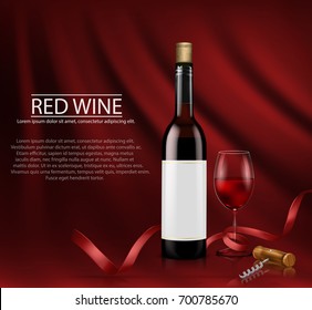 Vector illustration, bright realistic poster with glass wine bottles and glass with red wine. Template, moc up, layout for advertising, design, branding