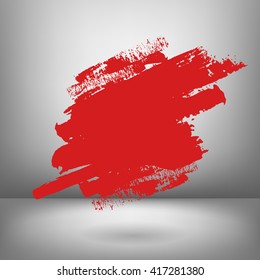 Vector illustration of bright red abstract shape painted by dry brush. Hand drawn shape. Grey background. Soft shadow, Textured element.  Dynamic.