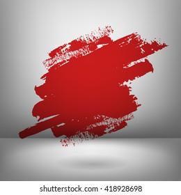 Vector illustration of bright red abstract shape painted by dry brush. Hand drawn shape. Grey background. Soft shadow, Textured element. Dynamic. 