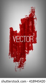 Vector illustration of bright red abstract shape painted by dry brush. Hand drawn shape. Grey background. Soft shadow, Textured element. Dynamic. Text. Design element. Grange texture. Modern. Bloody.