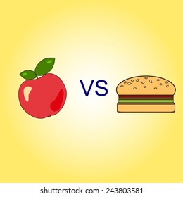 Vector illustration of a bright red apple with green leaves and a hamburger with VS letters between them. Healthy lifestyle concept. Choice concept.
