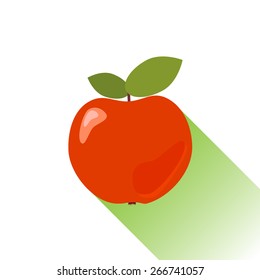 Vector illustration of a bright red apple with two leaves. Flat style apple icon with long shadow. Healthy food concept.